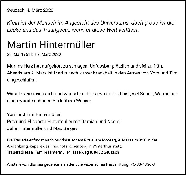 Avis de décès de Martin Hintermüller, Seuzach