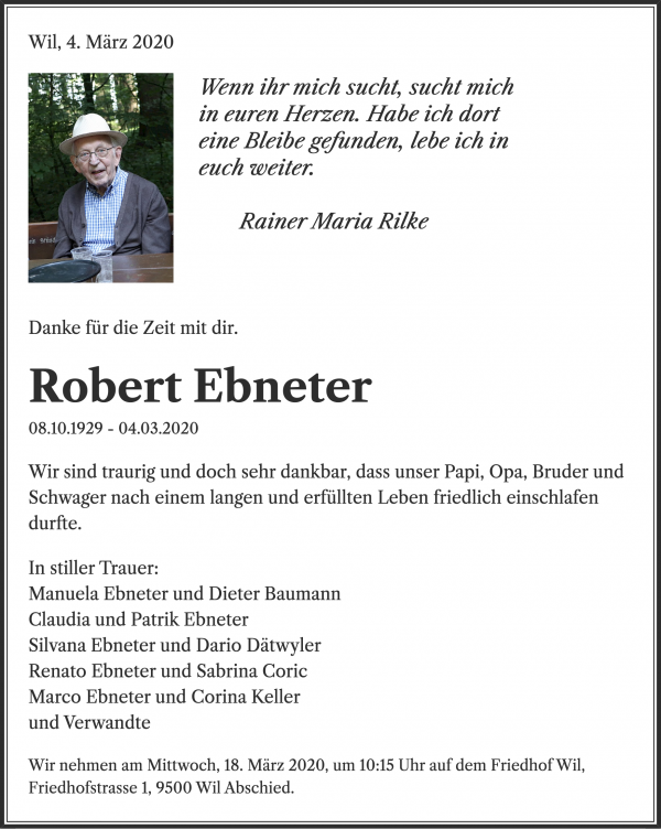 Avis de décès de Robert Ebneter, Wil