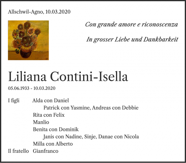 Avis de décès de Liliana Contini-Isella, Allschwil