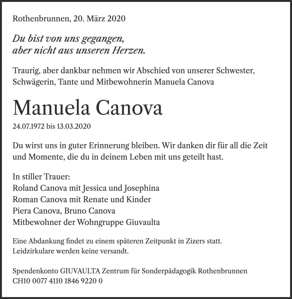 Avis de décès de Manuela Canova, Rothenbrunnen