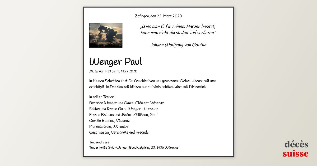 Todesanzeige Wenger Paul Zofingen todesanzeigenschweiz.ch