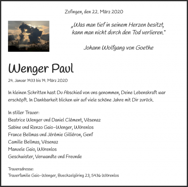 Todesanzeige von Wenger Paul, Zofingen