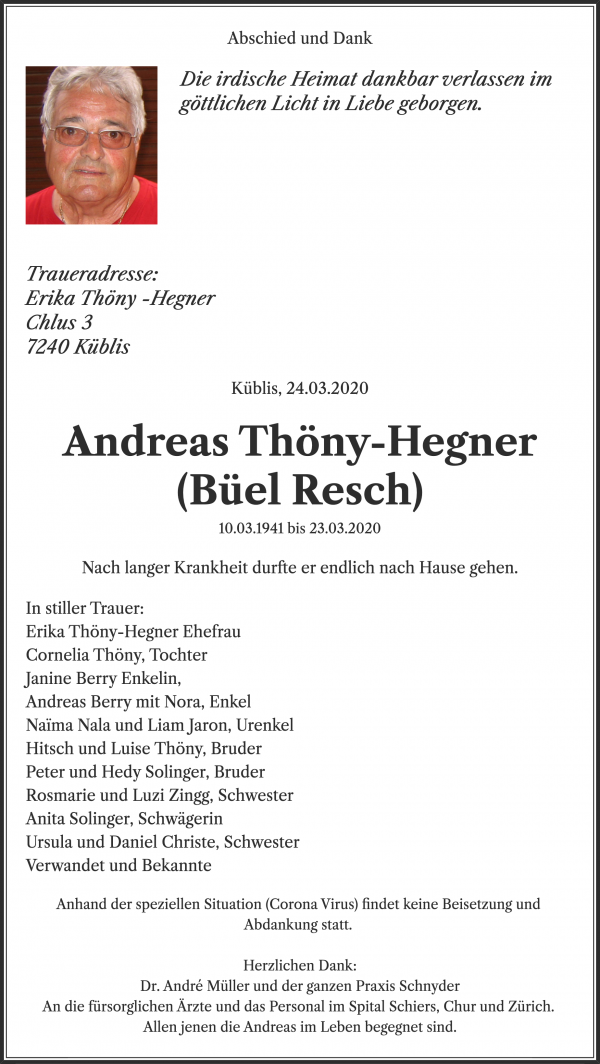 Avis de décès de Andreas Thöny-Hegner (Büel Resch), Küblis