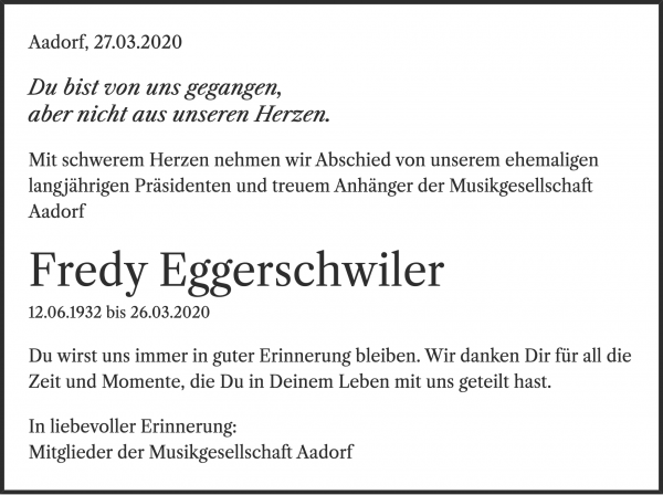Avis de décès de Fredy Eggerschwiler, Aadorf