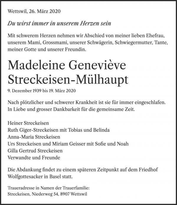 Todesanzeige von Madeleine Geneviève Streckeisen-Mülhaupt, Wettswil