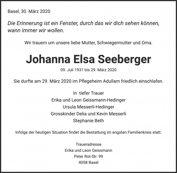 Avis de décès de Johanna Elsa Seeberger, Basel