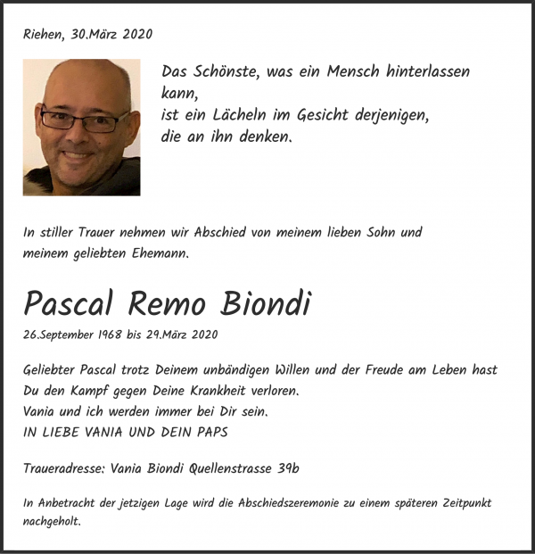 Avis de décès de Pascal Remo Biondi, Rheinfelden