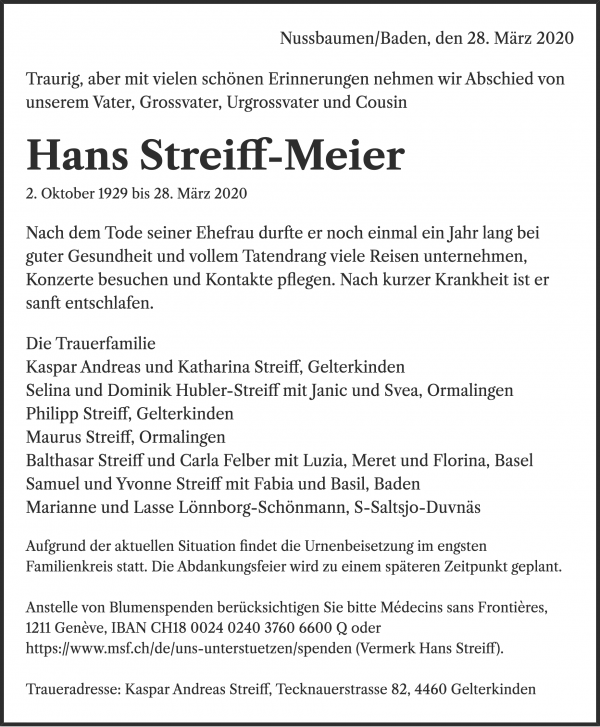 Todesanzeige von Hans Streiff-Meier, Baden