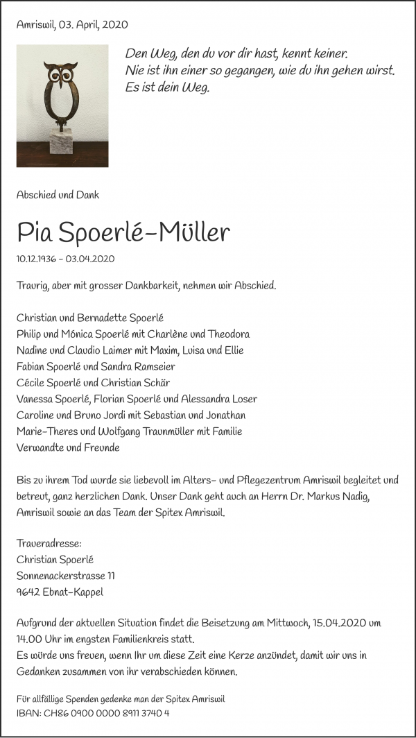 Todesanzeige von Pia Spoerlé-Müller, Amriswil