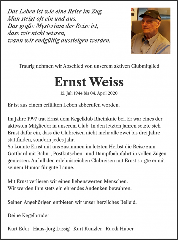Todesanzeige von Ernst Weiss, St. Margrethen