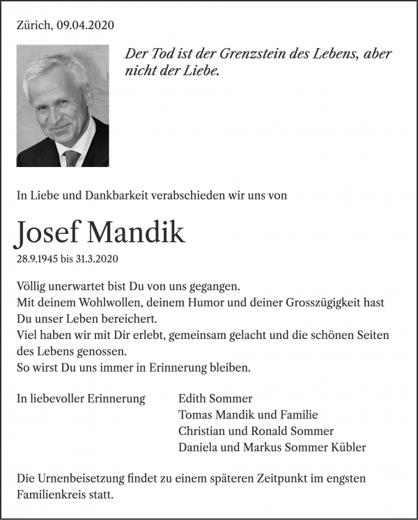 Avis de décès de Josef Mandik, Zürich