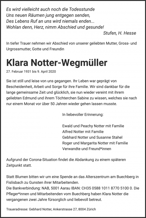Avis de décès de Klara Notter-Wegmüller, Fislisbach
