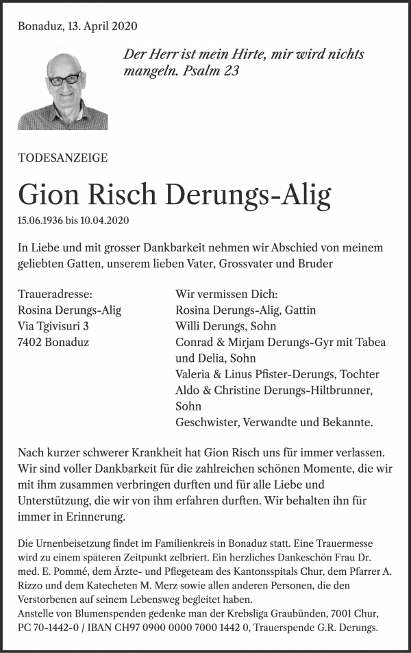 Obituary Gion Risch Derungs-Alig, Bonaduz