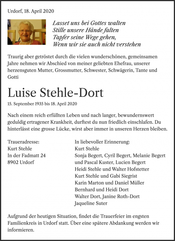 Avis de décès de Luise Stehle-Dort, Urdorf