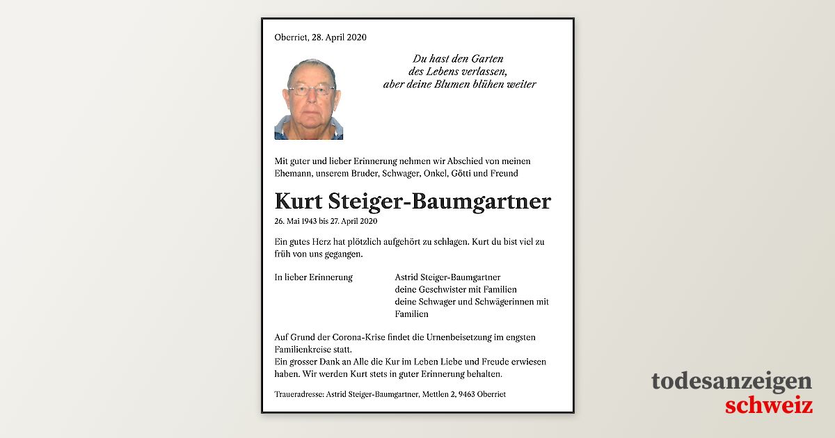 Avis de décès Kurt Steiger-Baumgartner, Oberriet – décèssuisse.ch