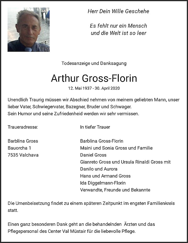 Avis de décès de Arthur Gross-Florin, Valchava
