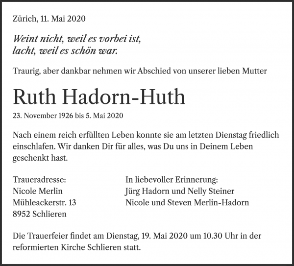 Avis de décès de Ruth Hadorn-Huth, Schlieren