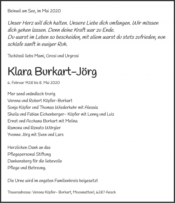 Avis de décès de Klara Burkart-Jörg, Beinwil am See