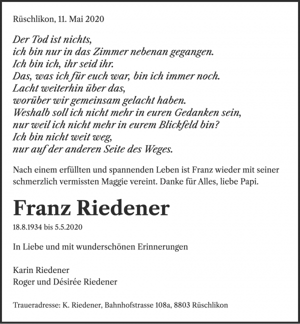 Avis de décès de Franz Riedener, Neftenbach