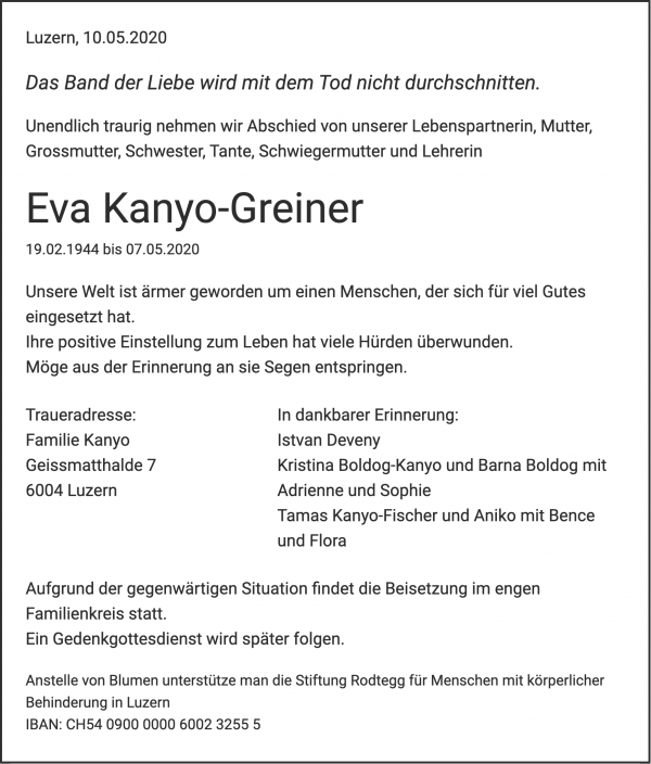 Avis de décès de Eva Kanyo-Greiner, Luzern
