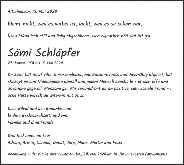 Obituary Sämi Schläpfer, Altishausen
