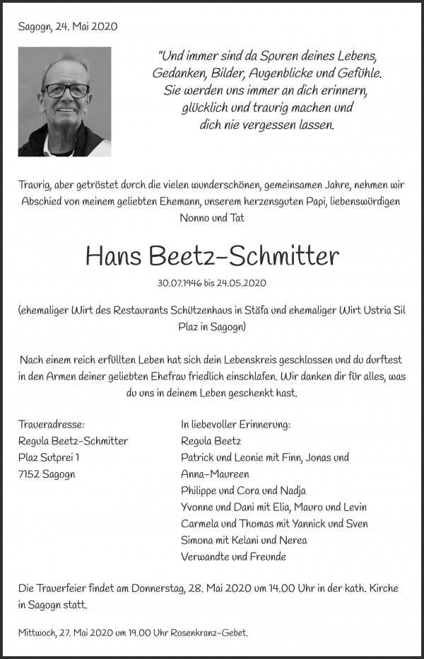 Todesanzeige von Hans Beetz-Schmitter, Sagogn