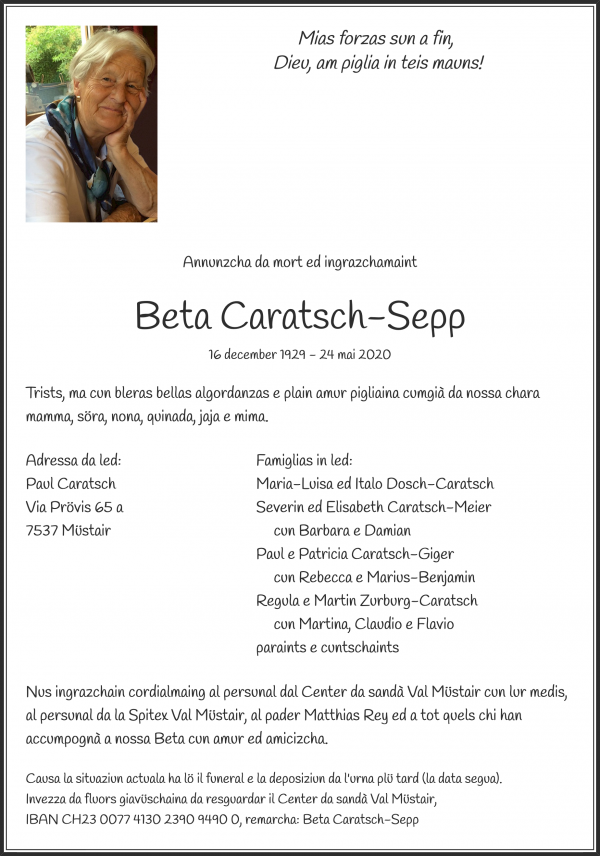 Todesanzeige von Beta Caratsch-Sepp, Müstair
