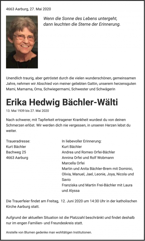 Avis de décès de Erika Hedwig Bächler-Wälti, Aarburg