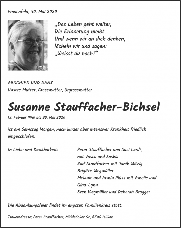 Obituary Susanne Stauffacher-Bichsel, Frauenfeld