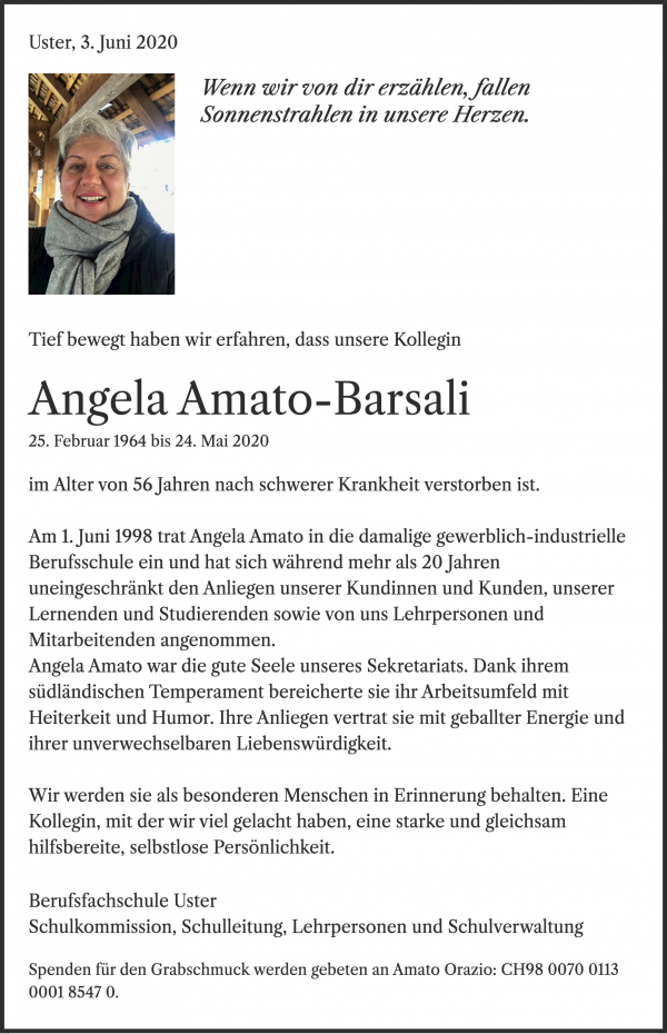Todesanzeige von Angela Amato-Barsali, Uster