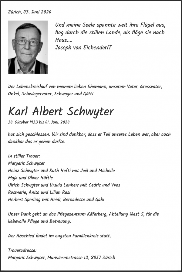 Avis de décès de Karl Albert Schwyter, Zürich