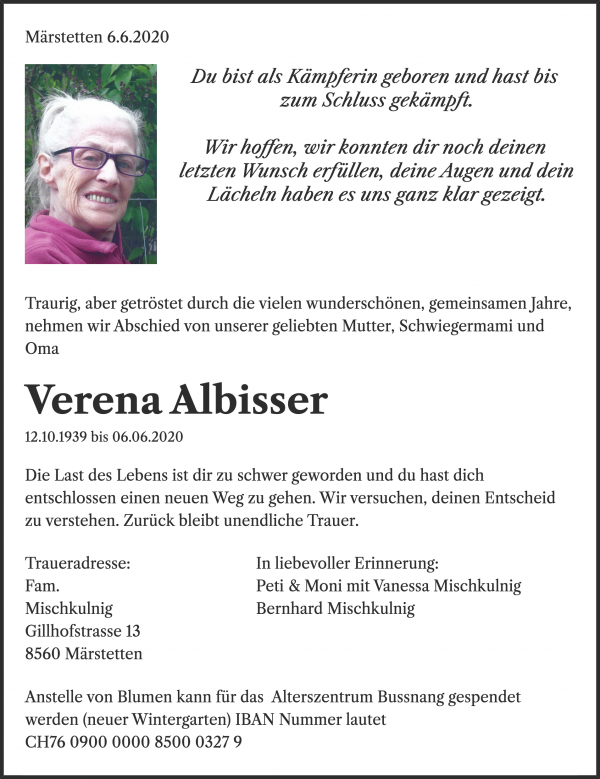 Avis de décès de Verena Albisser, Bussnang
