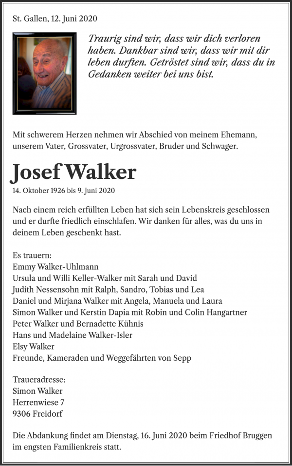 Avis de décès de Josef Walker, St. Gallen