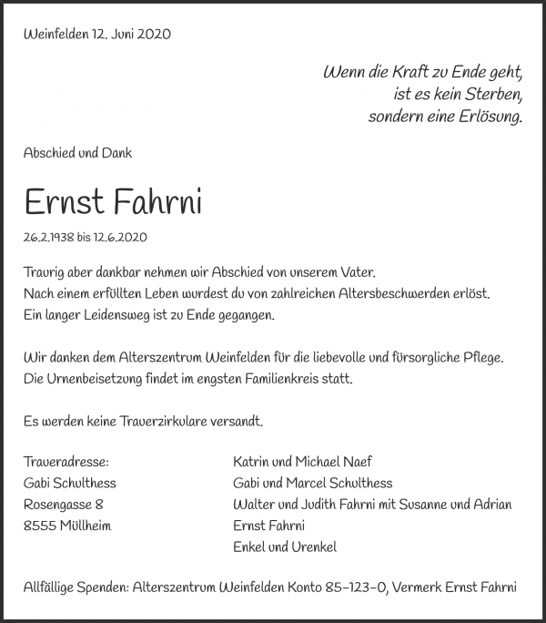 Avis de décès de Ernst Fahrni, Weinfelden