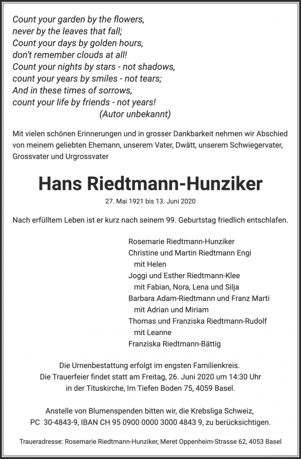 Todesanzeige von Hans Riedtmann-Hunziker, Basel