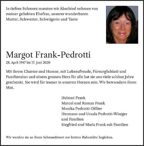 Avis de décès de Margot Frank-Pedrotti, Rapperswil