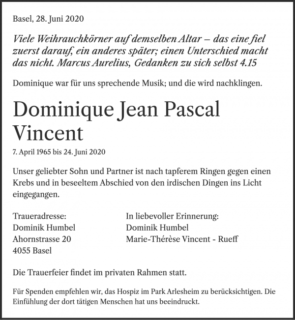 Avis de décès de Dominique Jean Pascal Vincent, Basel