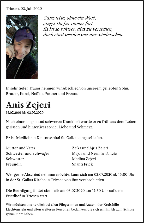 Todesanzeige von Anis Zejeri, Triesen