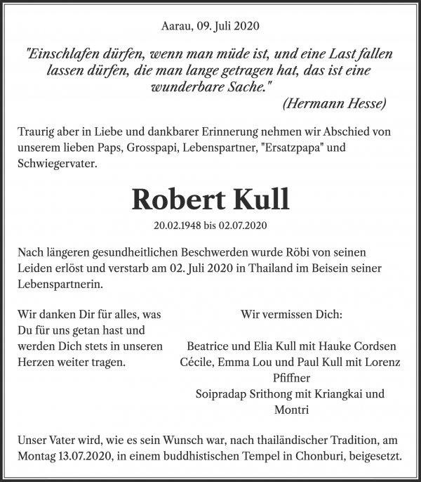 Todesanzeige von Robert Kull, Aarau