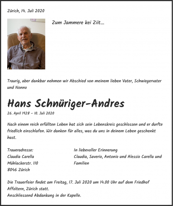 Avis de décès de Hans Schnüriger-Andres, Zürich