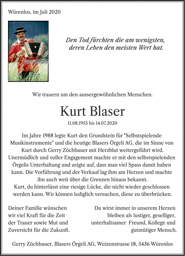 Avis de décès de Kurt Blaser, Kloten