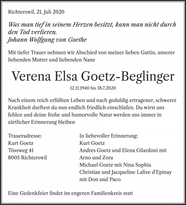 Obituary Verena Elsa Goetz-Beglinger, Richterswil
