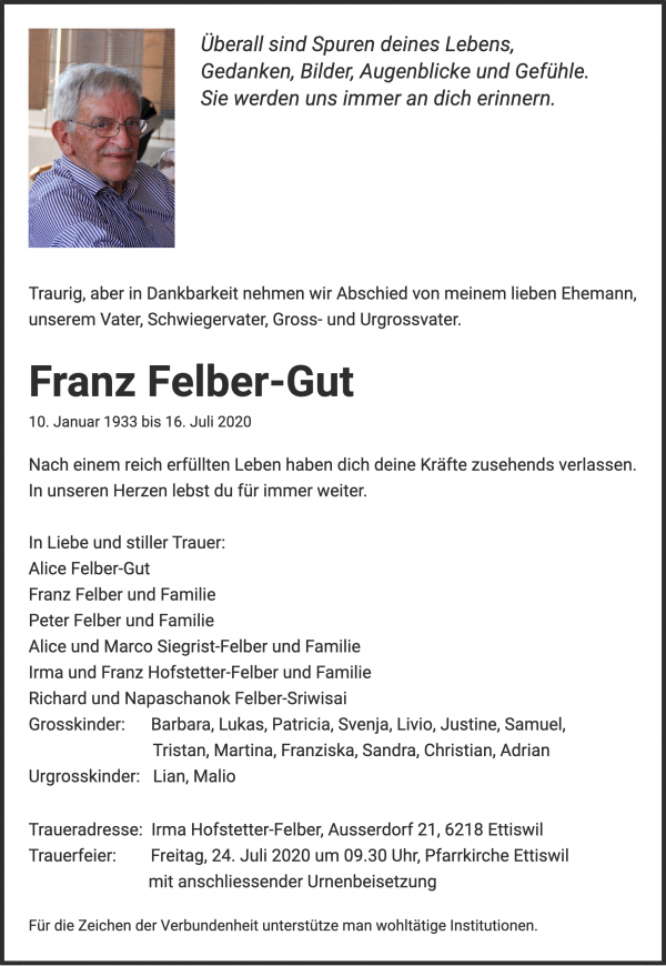 Obituary Franz Felber-Gut, Grosswangen