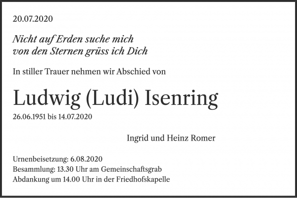 Avis de décès de Ludwig (Ludi) Isenring, Rüti