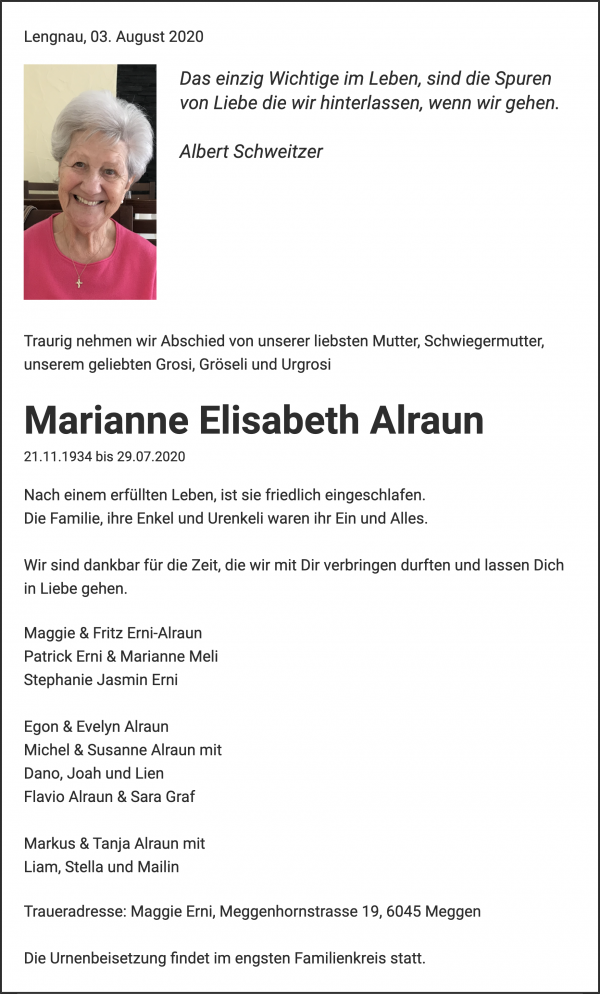 Necrologio Marianne Elisabeth Alraun, Lengnau