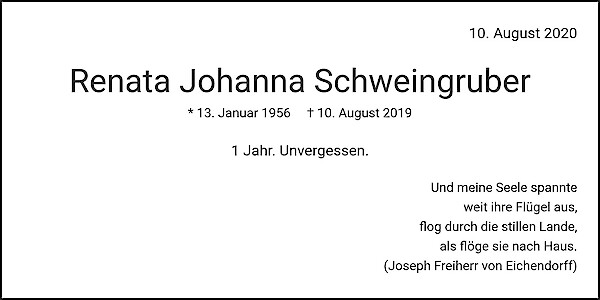 Jahresgedenken von Renata Johanna Schweingruber, Bern