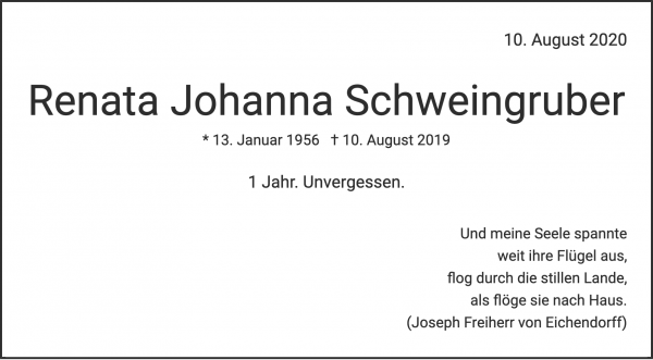 Avis de décès de Renata Johanna Schweingruber, Bern