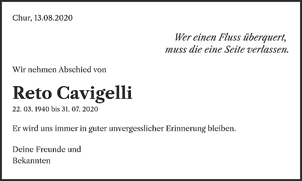 Necrologio da Reto Cavigelli, Chur