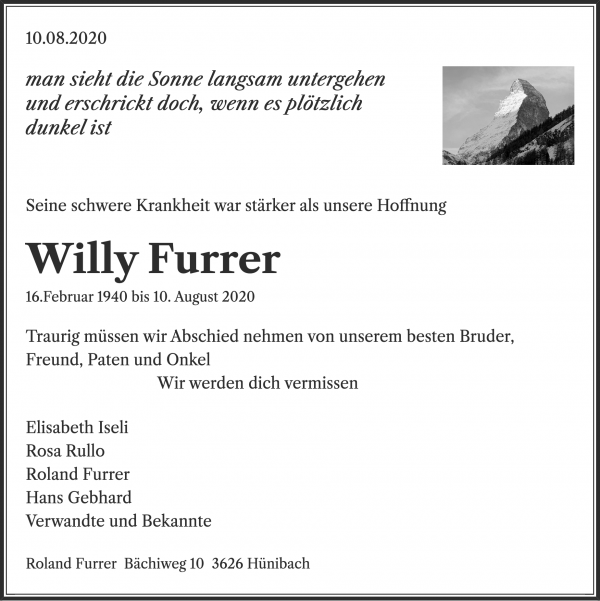 Avis de décès de Willy Furrer, Vitznau