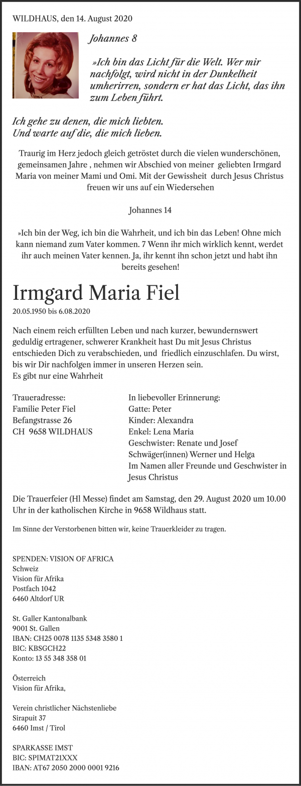 Todesanzeige von Irmgard  Maria Fiel, WILDHAUS